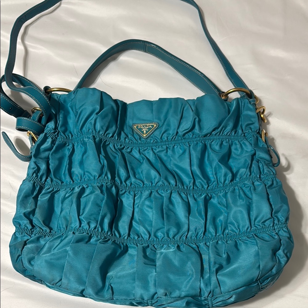 Prada Blue Ruched Shoulder Bag with Gold Hardware